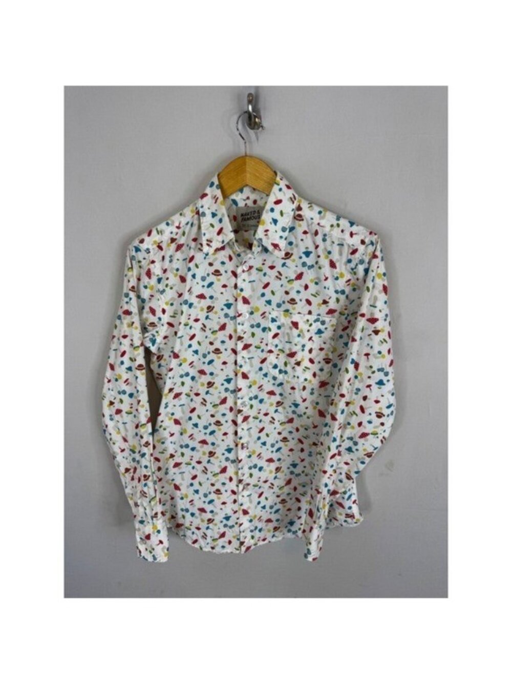 Naked & Famous Mushroom Print Long Sleeve Button Down Shirt Mens Small White